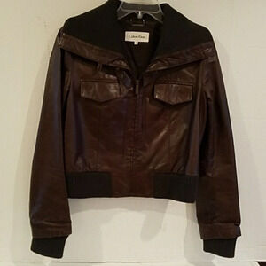 CALVIN KLEIN‎ BROWN LEATHER MOTORCYCLE STYLE JACKET